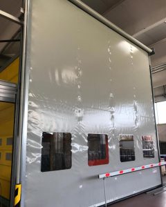 A high speed door fresh off the production line and ready to be delivered.